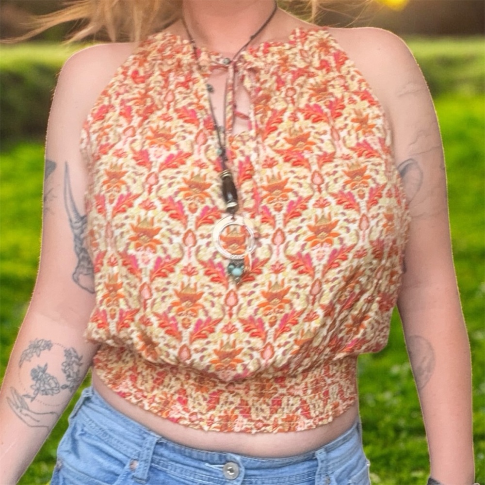 Rose + Olive Floral Halter Neck Top - Multicolor Bohemian Print Medium